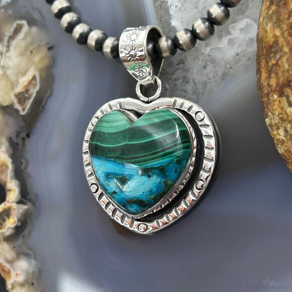Sterling Silver Southwestern Style Azurite Malachite Heart Pendant For Women - Picture 5 of 10
